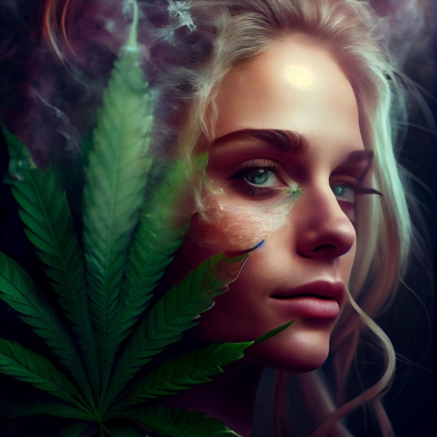 マリファナの葉大麻雑草を持つ女性の肖像画