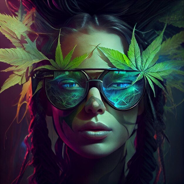 Woman portrait with marijuana leaf cannabis weed