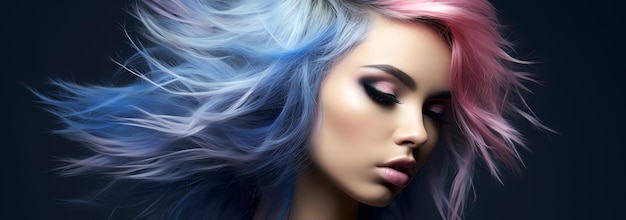 Портрет женщины с розовыми и синими волосами, созданный ИИ