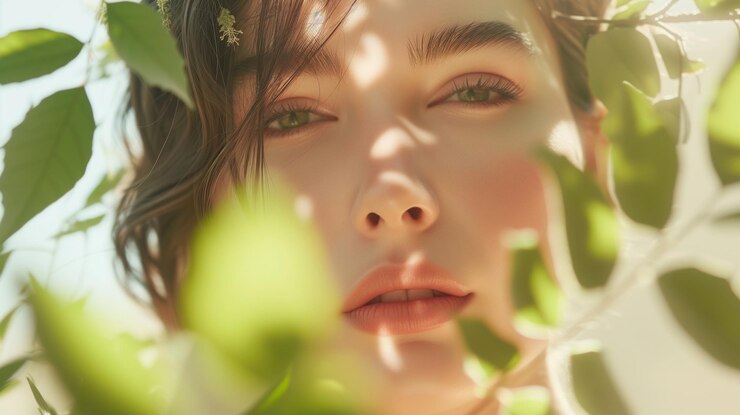 미니멀리즘 아름다움의 스타일로 잡지에 포즈를 취하는 여성 한 얼굴 특징 부드럽게 유기적