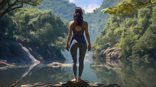 Женщина позирует в йоге с рекой на заднем плане