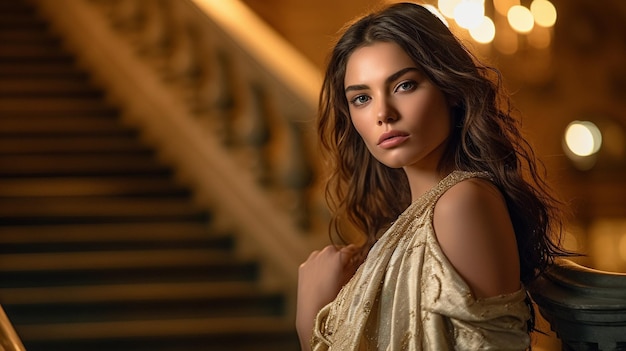 A woman poses in front of a staircase with a light on her face.