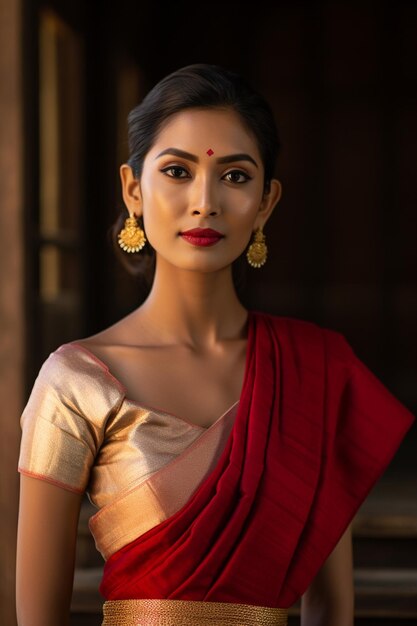 Woman Poses in Her Red and White Sari