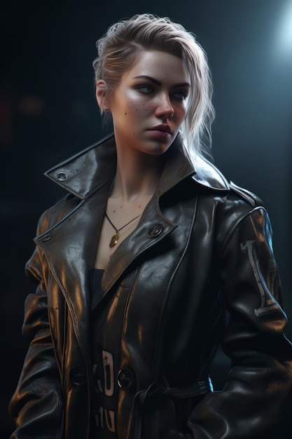 A woman poses in a leather jacket.