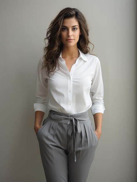 A woman poses on a light grey background while wearing a satin shirt and palazzo trousers Generative AI