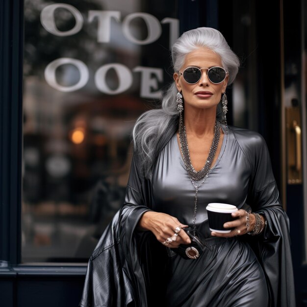 Photo a woman poses near a cafe with coffee