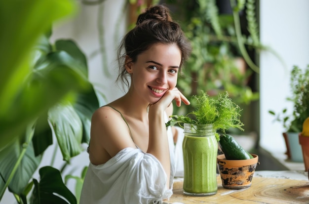 Foto donna posa su un tavolo con un frullato verde