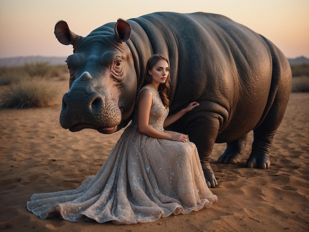 Photo a woman poses with a hippo