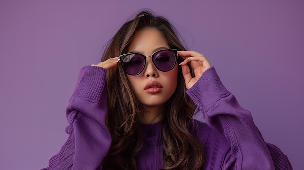 A woman posing alone on purple backdrop adjusting her shades Generative AI