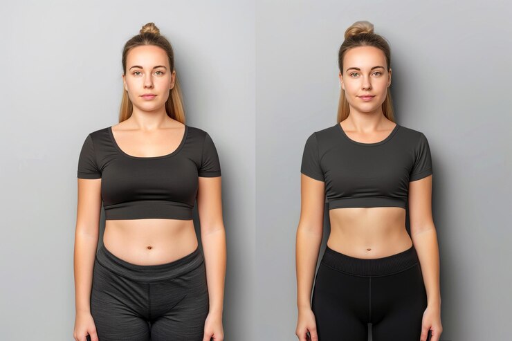 減量の前後にポーズをとる女性 ダイエットと健康的な栄養 フィットネスの結果がフィットする 脂肪吸引の結果 整形手術 脂肪からアスリートへの変身 太りすぎとスリムなトレーニング