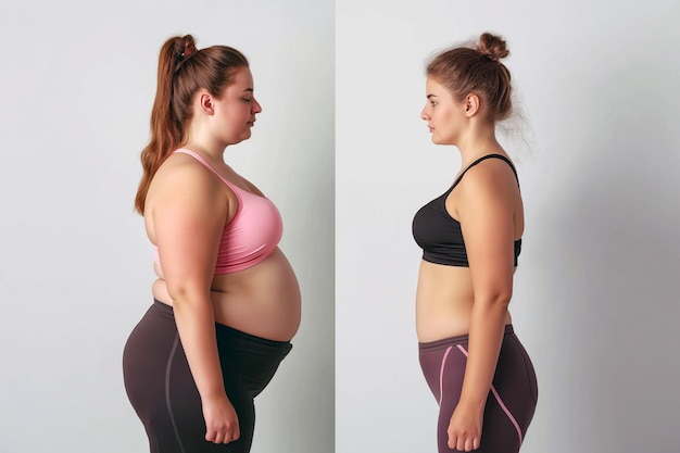 Женщина позирует до и после похудания Диета и здоровое питание Результаты фитнеса приходят в форму Результаты липосакции пластической хирургии Превращение из толстого в спортсмена Тренировки с избыточным весом и стройностью