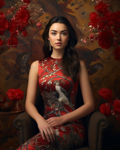 Photo woman posing camera red dress