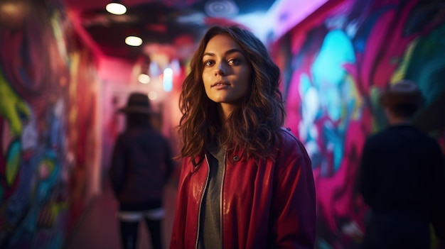 Woman posing confidently in front of vibrant multicolored wall