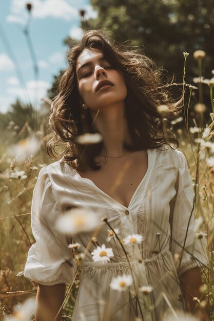 Woman posing on a field of flowers