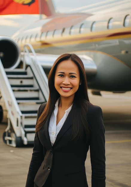 A woman posing in front of an airplane