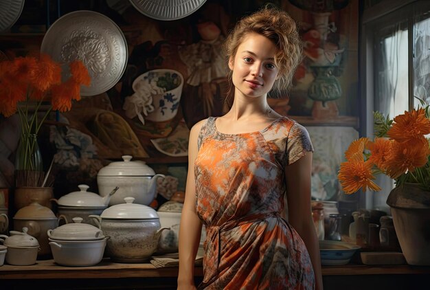 a woman posing in front of a cooking vessel in the style of youthful energy