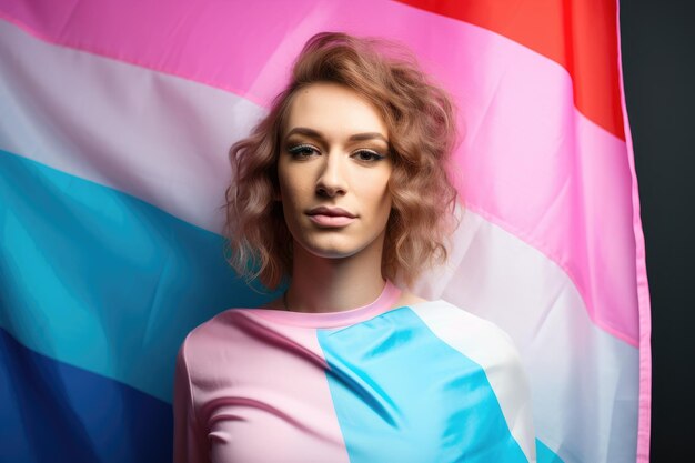 Photo a woman posing in front of a flag