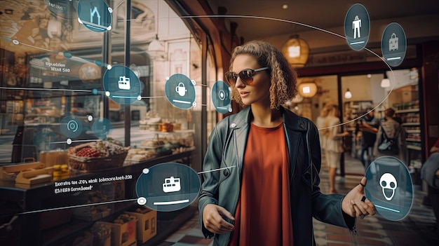 Photo a woman posing in front of a store with various icons symbolizing data privacy ai ethics and