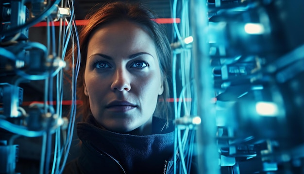 A woman posing in front of a tangled web of wires