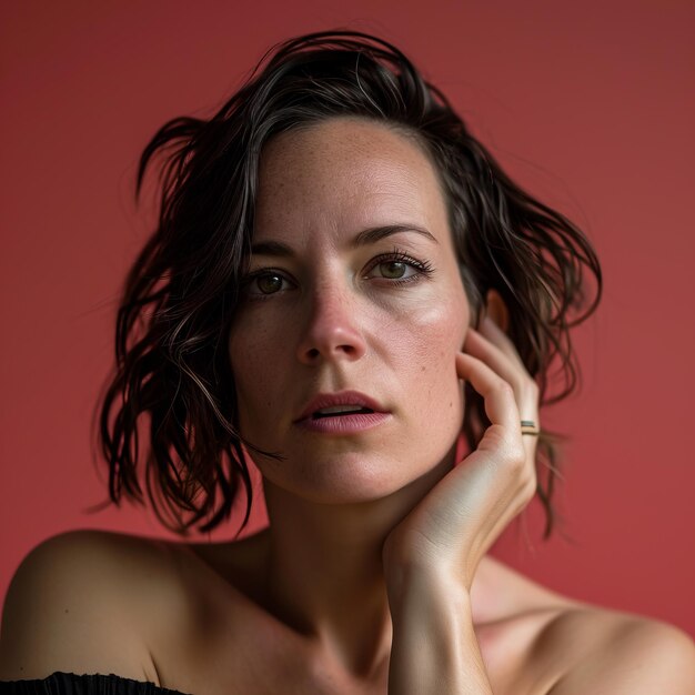 A woman posing for a portrait against a red background