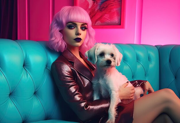 woman posing with dog on pink couch in the style of cyan and aquamarine