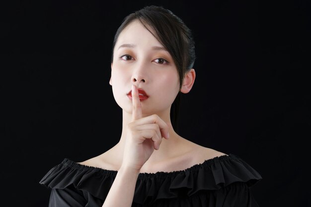 A woman posing with her finger on her mouth and black background