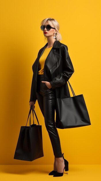 Woman posing yellow background with yellow black shopping bag on black friday