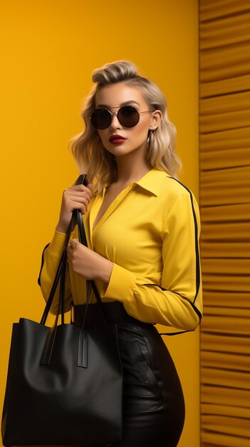 Woman posing yellow background with yellow black shopping bag on black friday