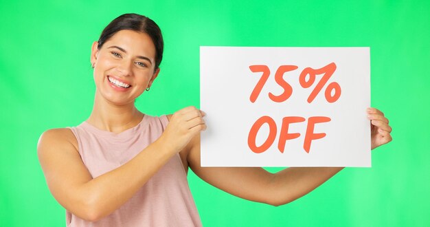 Woman poster or sign for discount by green screen with smile face and announcement by background Girl small business owner and billboard for deal sale or mock up portrait for promo by background