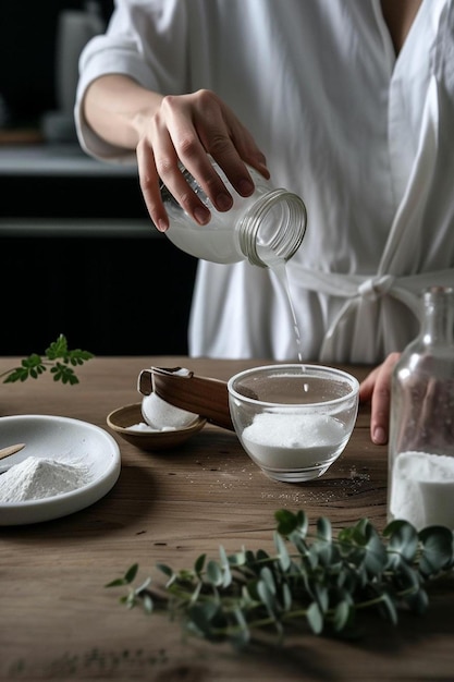 a woman pouring milk into a bowl on a table