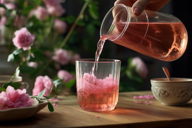 Foto donna che versa il succo di rose dalla brocca nel bicchiere