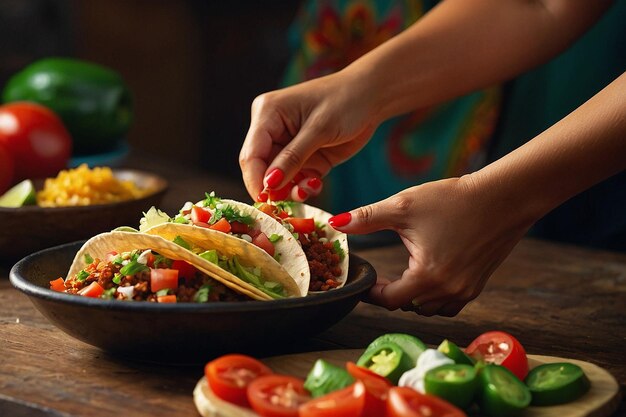 Foto donna che versa la salsa sui tacos