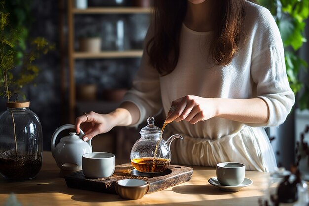 Photo woman pouring tea in cup through sieve