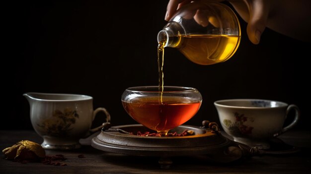 Woman pouring tea into tea cup 9