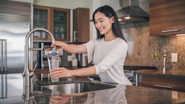 女性は自宅のキッチンのガラスに水道から新鮮な濾過された化水を注ぐ