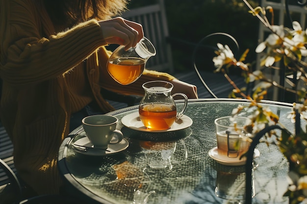 女性が屋外のテーブルに茶を注ぐ