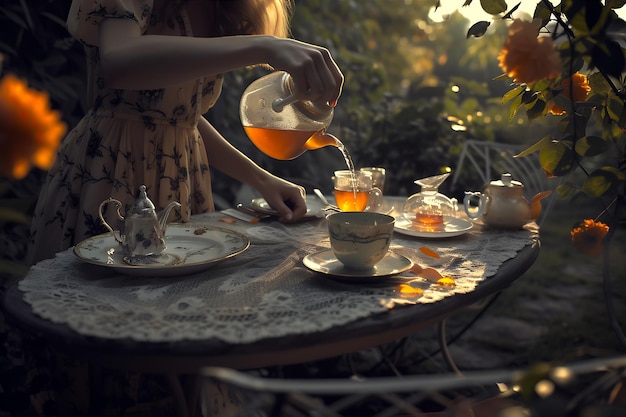 女性が屋外のテーブルに茶を注ぐ