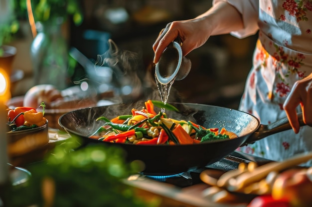 a woman pours vegetables into a wok