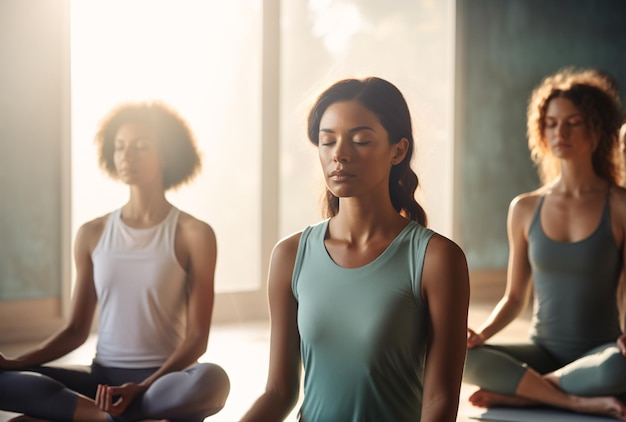 Woman practice yoga with friends in gym