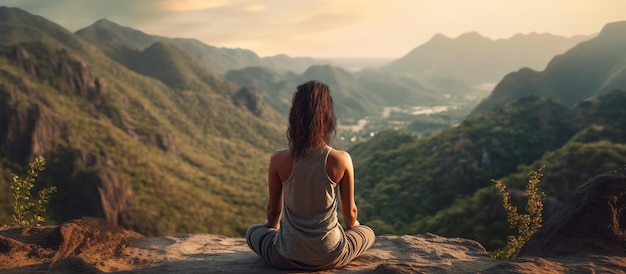 Woman practices yoga and meditates on the mountain