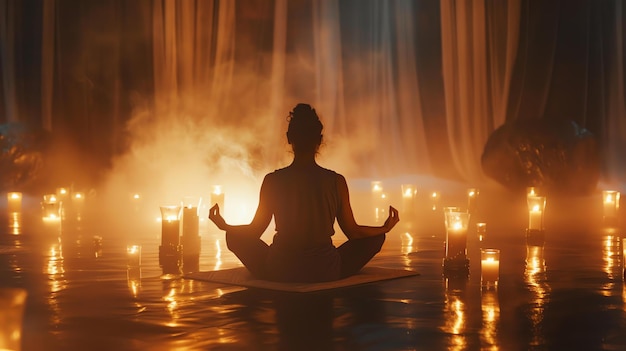 A woman practices yoga in a room full of candles