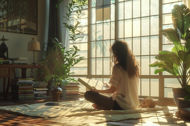 Photo woman practicing calligraphy in a sunlit room