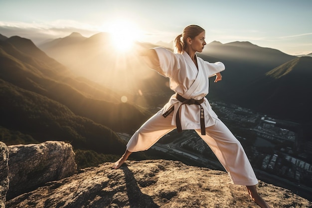 Фото Женщина занимается боевыми искусствами на вершине горы генеративный ии