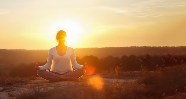 Фото Женщина практикует медитацию во время захода солнца, сгенерированную искусственным интеллектом на берегу моря