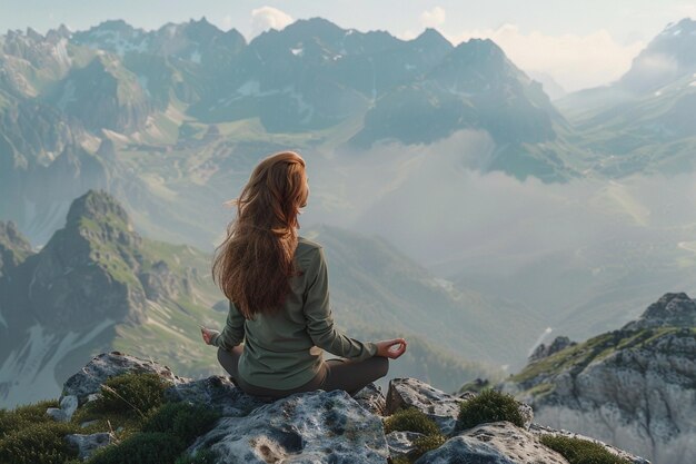 Photo a woman practicing meditation on a mountaintop oct