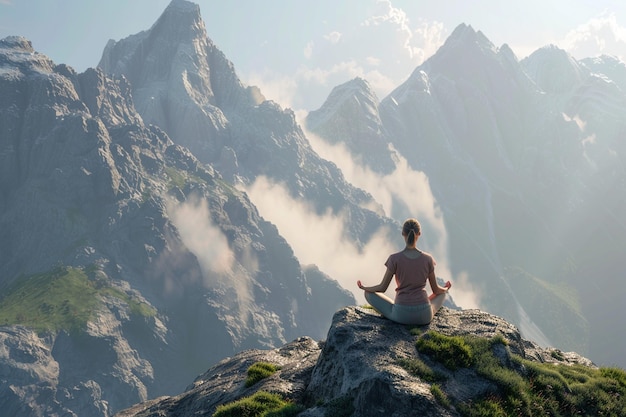 Photo a woman practicing meditation on a mountaintop oct