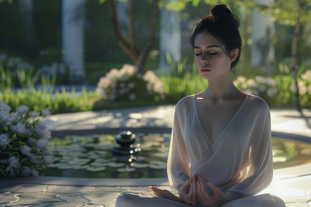 Photo woman practicing meditation in a peaceful garden o