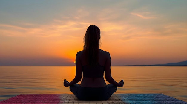 Женщина практикует медитацию во время захода солнца у берега моря