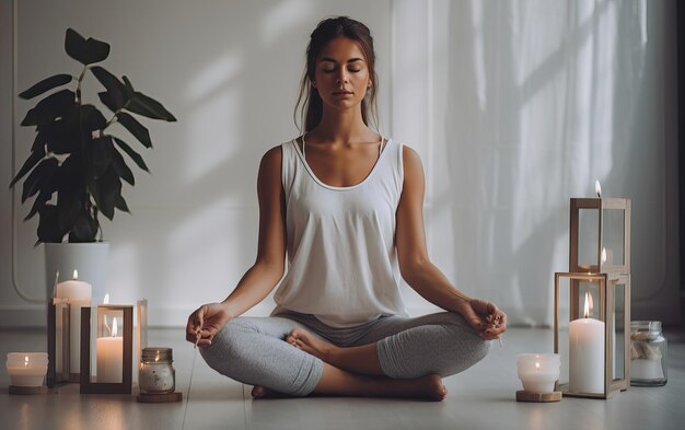 Woman practicing meditation yoga relaxation in her calm and cosy home with tranquility peaceful