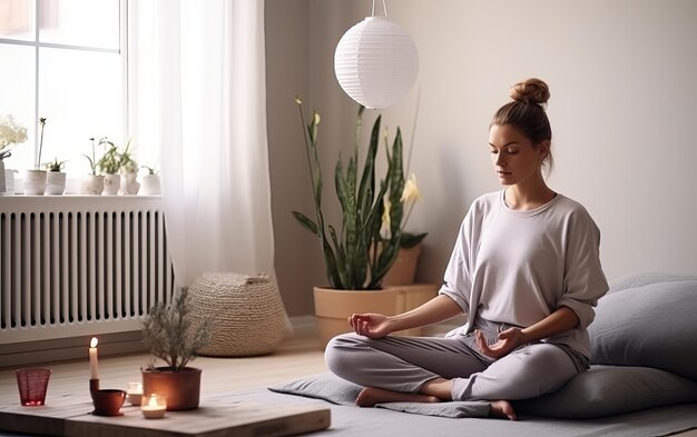 Photo woman practicing meditation yoga relaxation in her calm and cosy home with tranquility peaceful